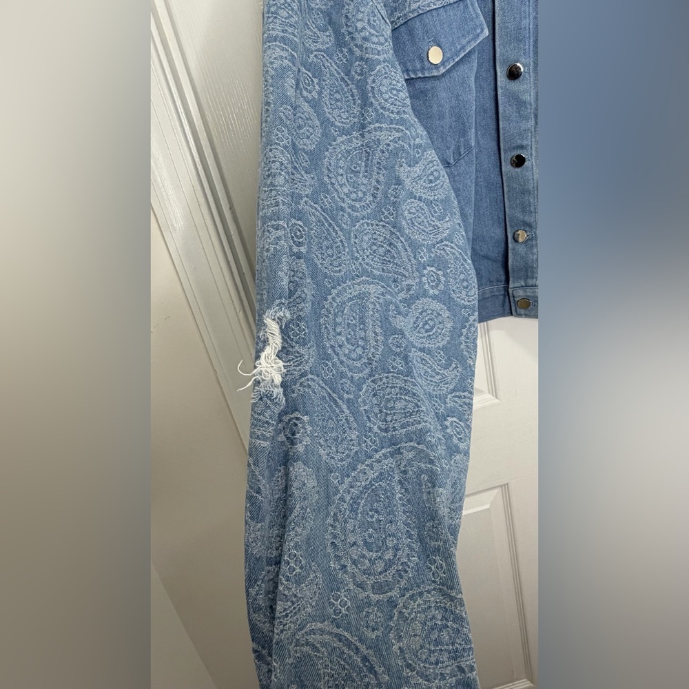 BoohooMan- Boxy Fit Paisley Spliced Denim Jacket MID BLUE-XL - Picture 6 of 9